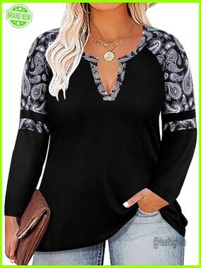 Plus Size Long Sleeve Tunic Blouse Colorblock Shirts XL-5XL